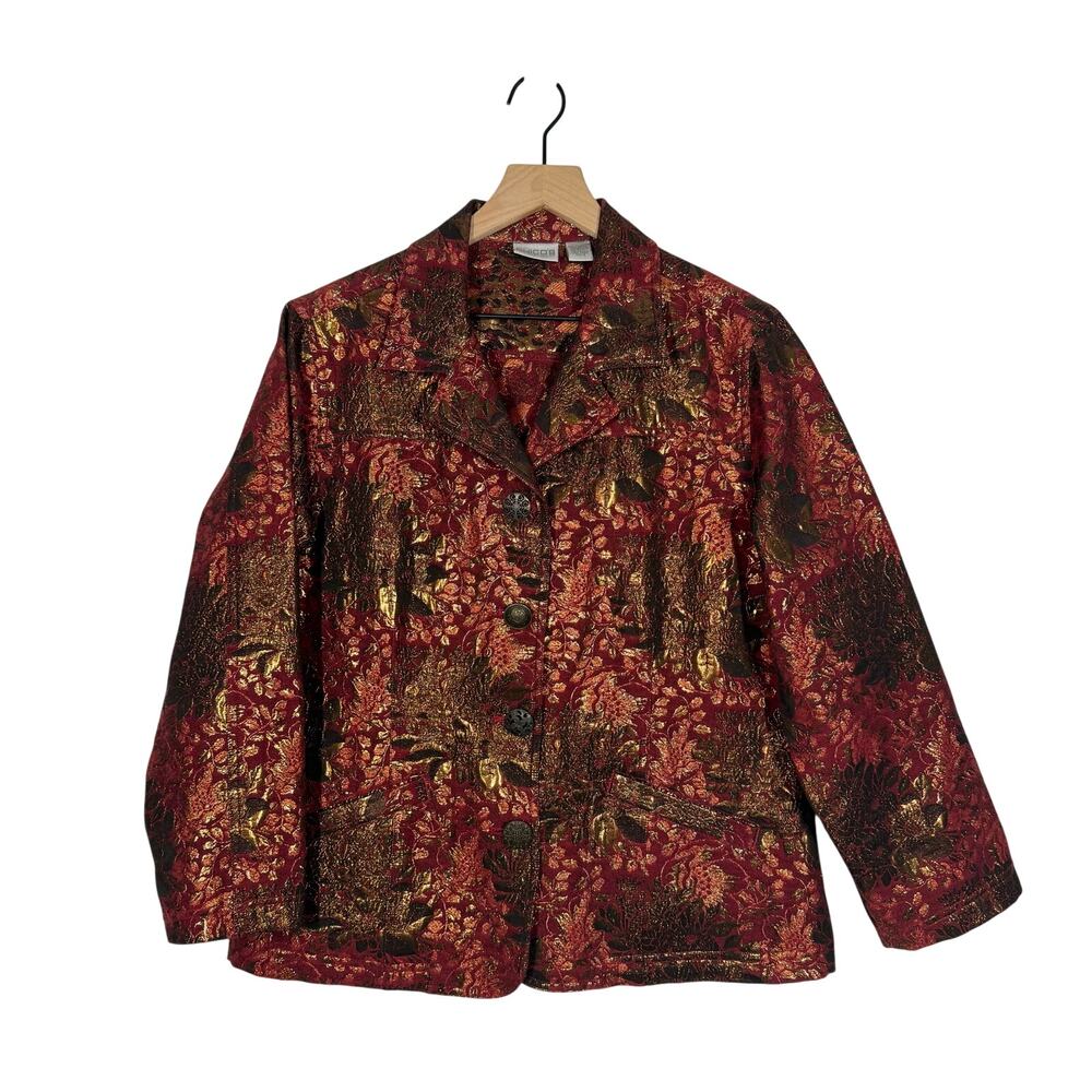 Chico's Metallic Blazer‎ Size 2(Large) Red Gold Floral Grunge Whimsigoth Jacket